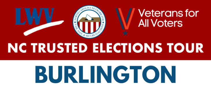 A red, white and blue banner with Trusted Elections Tour Burlington